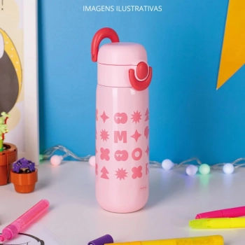 Garrafa Trmica Infantil Kids Rosa 480 Ml em Ao Inox com Canudo em Silicone Ilustrada Escolar Mor