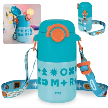 Kit Garrafa Trmica Kids Azul 500ml Ao Inox Ala e Canudo + Caixa Trmica 18 Litros Azul