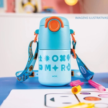 Kit Garrafa Trmica Kids Azul 500ml Ao Inox Ala e Canudo + Caixa Trmica 18 Litros Azul