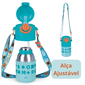 Kit Garrafa Trmica Kids Azul 500ml Ao Inox Ala e Canudo + Caixa Trmica 18 Litros Azul