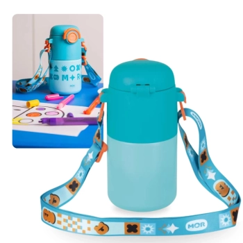 Kit Garrafa Trmica Kids Azul 500ml Ao Inox Ala e Canudo + Caixa Trmica 18 Litros Azul