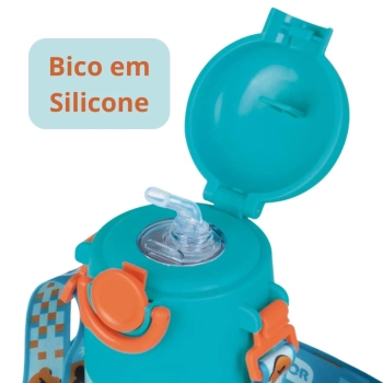 Kit Garrafa Trmica Kids Azul 500ml Ao Inox Ala e Canudo + Caixa Trmica 18 Litros Azul