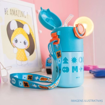 Garrafa Trmica Infantil Kids Azul 500 Ml em Ao Inox com Ala e Canudo em Silicone Ilustrada Escolar Mor