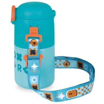 Garrafa Trmica Infantil Kids Azul 500 Ml em Ao Inox com Ala e Canudo em Silicone Ilustrada Escolar Mor