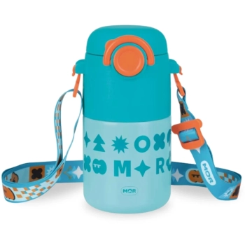 Garrafa Trmica Infantil Kids Azul 500 Ml em Ao Inox com Ala e Canudo em Silicone Ilustrada Escolar Mor