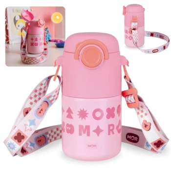 Kit Garrafa Trmica Kids Rosa 500ml Ao Inox Ala e Canudo + Caixa Trmica 18 Litros Rosa