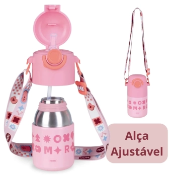 Kit Garrafa Trmica Kids Rosa 500ml Ao Inox Ala e Canudo + Caixa Trmica 18 Litros Rosa