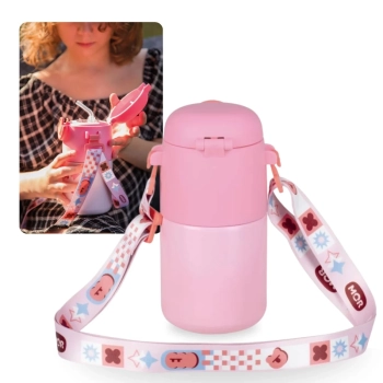 Kit Garrafa Trmica Kids Rosa 500ml Ao Inox Ala e Canudo + Caixa Trmica 18 Litros Rosa