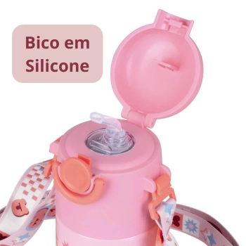 Kit Garrafa Trmica Kids Rosa 500ml Ao Inox Ala e Canudo + Caixa Trmica 18 Litros Rosa