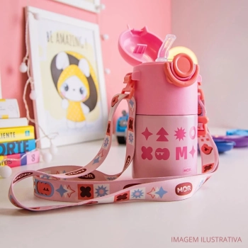 Garrafa Trmica Infantil Kids Rosa 500 Ml em Ao Inox com Ala e Canudo em Silicone Ilustrada Escolar Mor