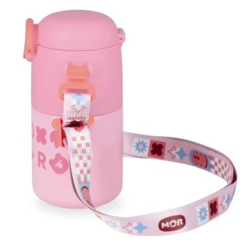 Garrafa Trmica Infantil Kids Rosa 500 Ml em Ao Inox com Ala e Canudo em Silicone Ilustrada Escolar Mor