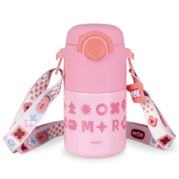 Garrafa Trmica Infantil Kids Rosa 500 Ml em Ao Inox com Ala e Canudo em Silicone Ilustrada Escolar Mor