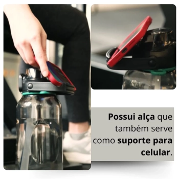 Kit Garrafa Fitness 1,8 Lts com Alas Suporta Celular + Garrafa de Ao Squeeze com Capa 750 Ml
