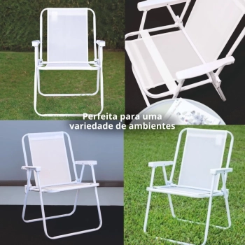 Kit 2 Cadeiras de Praia Brancas + Mesa de Apoio com Porta-copos Pequena Branca Multiuso para Casa, Jardim