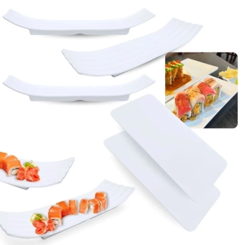 Kit 3 Travessas Retangulares com Bordas Curvas 36cm + 2 Travessas Retas para Sushi 27cm Buffet Comida Japonesa