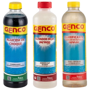 Kit Tratamento Semanal, 1kg Cloro, Ph Certo 2kg e Fita Prova + Clarificante, Ph+ e Algicida Choque