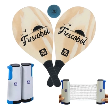 Kit Par de Raquetes Frescobol com Bolinha de Borracha + Rede Retratil com At 1,60m Ajustvel
