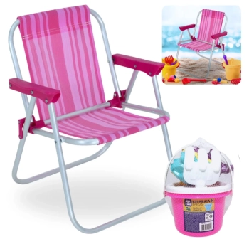 Kit Cadeira de Praia Infantil Rosa Bel + Baldinho de Praia com 8 Peas em Cores Sortidas