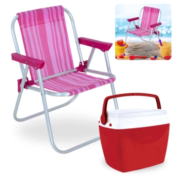 Kit Cadeira de Praia Infantil Rosa Bel + Caixa Termica Vermelha Pequena 6 L para Passeios Parque