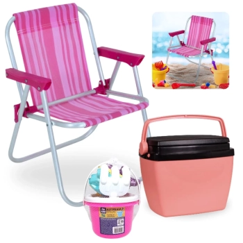 Kit Cadeira de Praia Infantil Rosa Bel + Caixa Termica 6 Litros Rosa + Baldinho de Praia 8 Peas Colorido