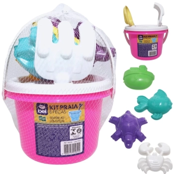 Kit Cadeira de Praia Infantil Rosa Bel + Caixa Termica 6 Litros Rosa + Baldinho de Praia 8 Peas Colorido