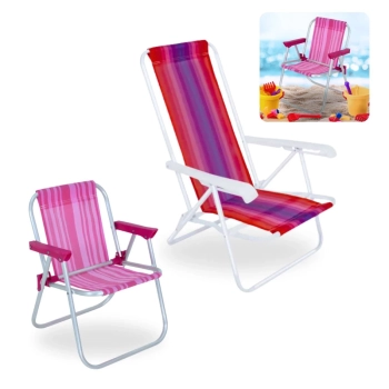 Kit Cadeira de Praia Infantil Alumnio Rosa + Cadeira de Praia Adulto 4 Posies em Ao Colorida