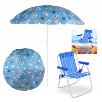 Kit Cadeira de Praia Infantil Bel em Aluminio Azul + Guarda Sol Colorido 1,30m
