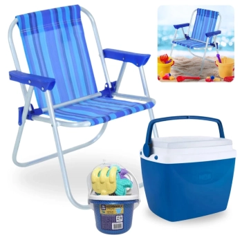 Kit Cadeira de Praia Infantil Azul Bel + Caixa Termica 6 Litros Azul + Baldinho de Praia 8 Peas Colorido