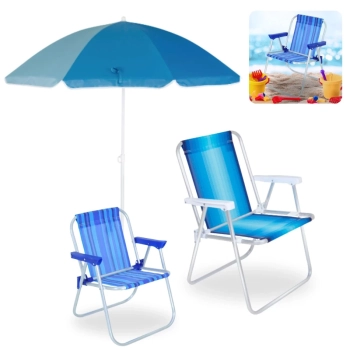 Kit Cadeira de Praia Infantil Azul + Cadeira de Praia Alta Alumnio Colorida + Guarda Sol 1,50m