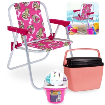 Kit Cadeira de Praia Infantil Rosa Barbie + Caixa Termica 6 Litros Rosa + Baldinho de Praia com 8 Peas Rosa