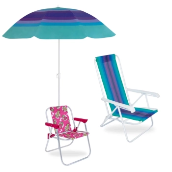 Kit Cadeira de Praia Infantil da Barbie + Cadeira Piscina 4 Posies Ao + Guarda Sol 1,50 M Parque