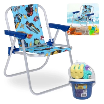 Kit Cadeira de Praia Infantil Azul Hot Wheels + Baldinho de Praia com 8 Peas em Cores Sortidas
