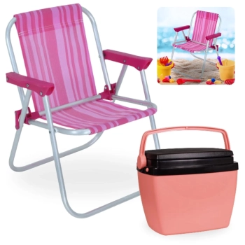 Kit Cadeira de Praia Infantil Rosa Bel + Caixa Termica Rosa Pequena 6 L para Passeios Parque
