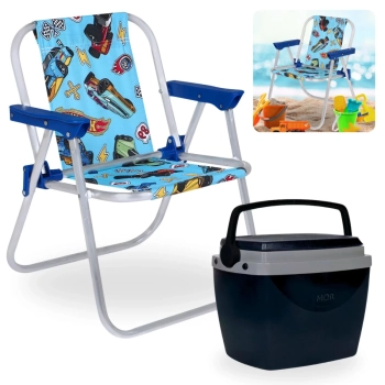 Kit Cadeira de Praia Infantil Azul Hot Wheels + Caixa Termica Preta Pequena 6 L para Passeios Parque