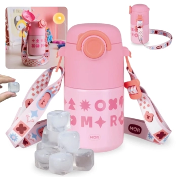 Kit Garrafa Trmica Kids Rosa 500ml Ao Inox Ala e Canudo Silicone + 10 Cubos Gelo Reutilizvel Artificial