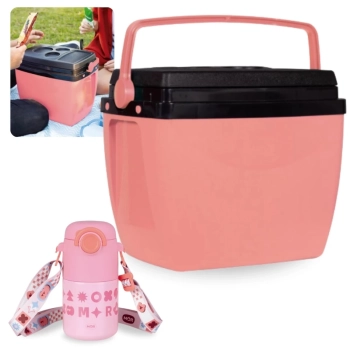 Kit Garrafa Trmica Kids Rosa 500ml Ao Inox Ala e Canudo + Caixa Trmica 18 Litros Rosa