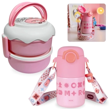Kit Garrafa Trmica Rosa 500ml Ao Inox Ala e Canudo + Lancheira Infantil com Talheres 2 Andares Rosa