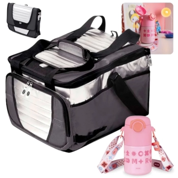 Kit Garrafa Trmica Kids Rosa 500ml Ao Inox Ala e Canudo + Bolsa Trmica 36 Litros Dobravel