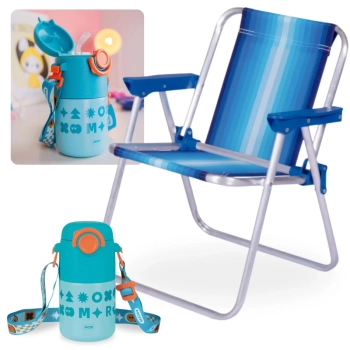 Kit Garrafa Trmica Kids 500ml Ao Inox e Ala Azul + Cadeira de Praia Infantil Azul Mor