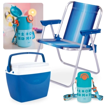 Kit Garrafa Trmica 500ml Ao Inox Azul + Cadeira de Praia Infantil + Caixa Trmica 6 Litros Pequena
