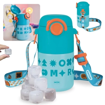 Kit Garrafa Trmica Kids Azul 500ml Ao Inox Ala e Canudo Silicone + 10 Cubos Gelo Reutilizvel Artificial