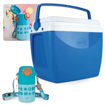 Kit Garrafa Trmica Kids Azul 500ml Ao Inox Ala e Canudo + Caixa Trmica 18 Litros Azul