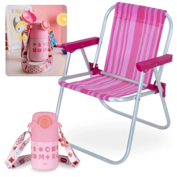 Kit Garrafa Trmica Infantil Kids 500ml Ao Inox Ala e Canudo + Cadeira de Praia Infantil Rosa Bel