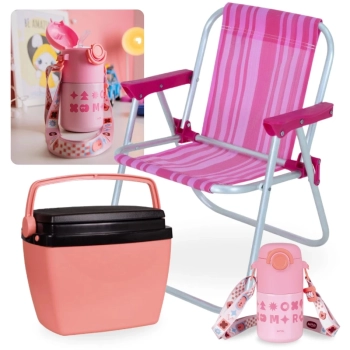 Kit Garrafa Trmica 500ml Ao Inox + Cadeira de Praia Infantil Rosa + Cooler 6 Litros Pequeno Rosa