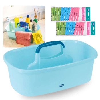 Kit Cesto Organizador Multiuso com Divisrias e Ala + 24 Prendedores de Roupa Coloridos
