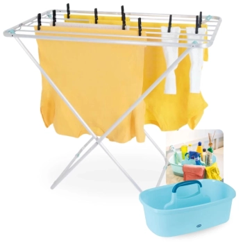 Kit Varal de Cho Aluminio de 88 Cm Modelo Slim + Cesto Organizador Multiuso com Divisrias e Ala