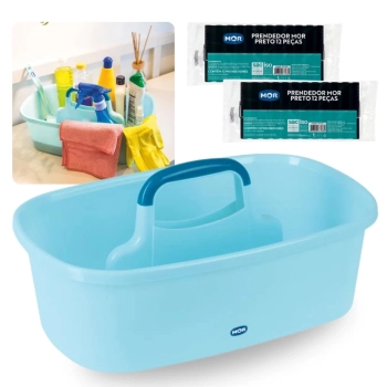 Kit Cesto Organizador Multiuso com Divisrias e Ala + 24 Prendedores de Roupa na Cor Preta