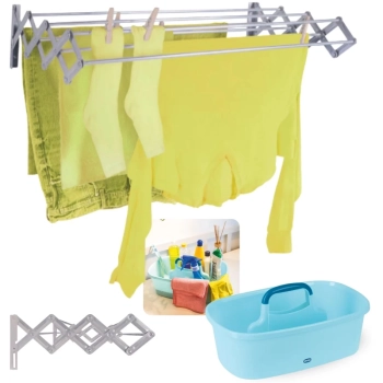 Kit Varal de Parede Retratil 1 Metro em Aluminio + Cesto Organizador Multiuso com Divisrias e Ala