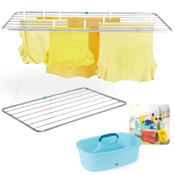 Kit Varal de Teto com 120 Cm em Alumnio + Cesto Organizador Multiuso com Divisrias e Ala