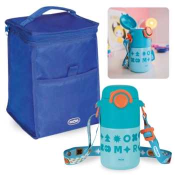 Kit Bolsa Trmica Porttil de 5 Litros Colorida + Garrafa Trmica Infantil Azul 500 Ml Inox com Ala